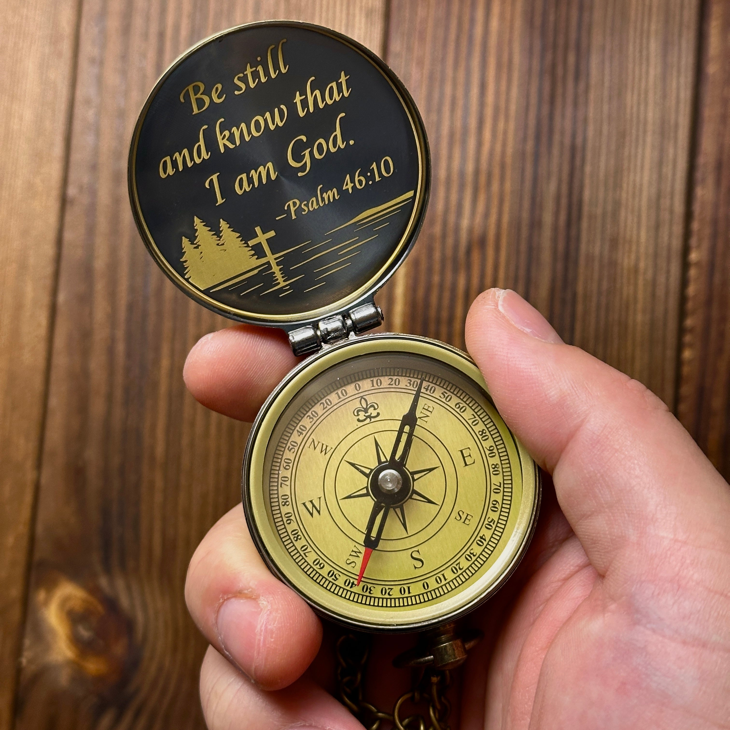 Christian Gift Personalized Compass with Bible Verse Psalm 46:10 – Cross Design "Be Still and Know", Engraved Faith Keepsake