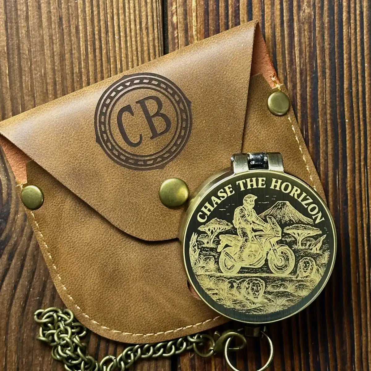 Engraved Adventure Motorcycle Brass Compass – "Chase The Horizon" Traveler Gift for Him, Personalized Keepsake with Custom Photo