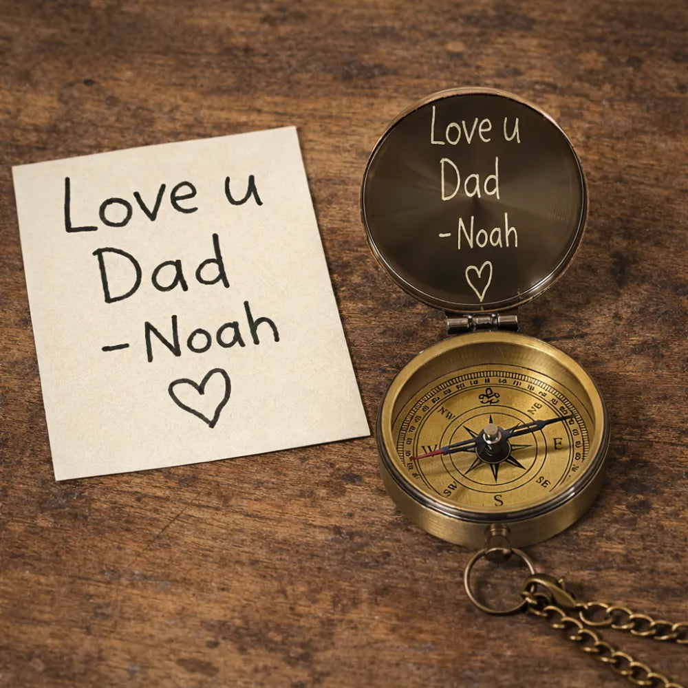 Engraved Compass Gift with Handwriting – Personalized Brass Keepsake – Custom Memorial Gift for Dad or Husband
