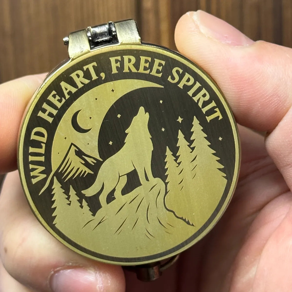 Wolf Engraved Compass "Wild Heart, Free Spirit" | Hiking Gift for Him, Adventurer | Personalized Mountain | Custom Photo | Brass Working Compass