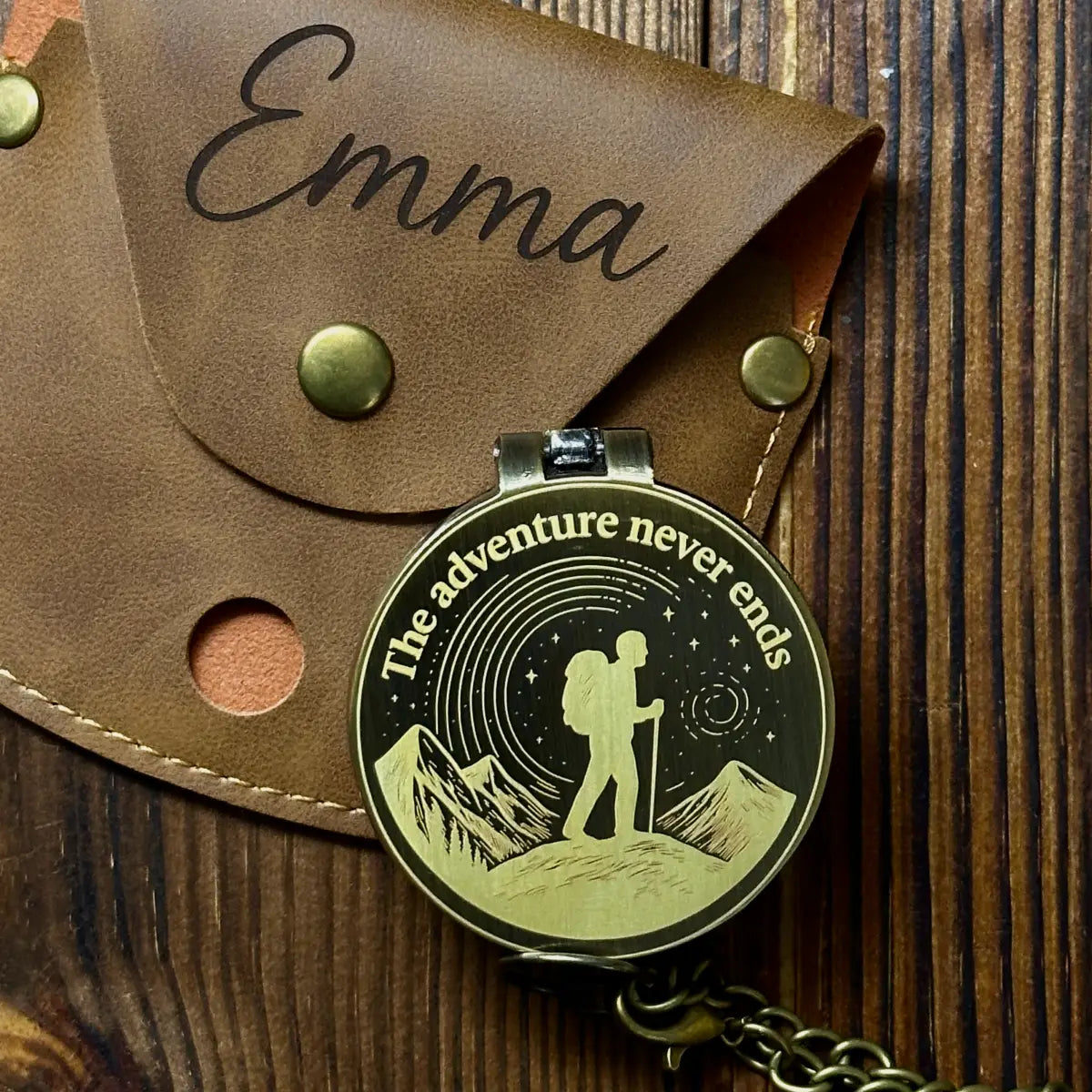 Engraved Retirement Gift Brass Compass for Hiker – Personalized Quote "The Adventure Never Ends", Gift for Dad, Him, Custom Photo Working Keepsake