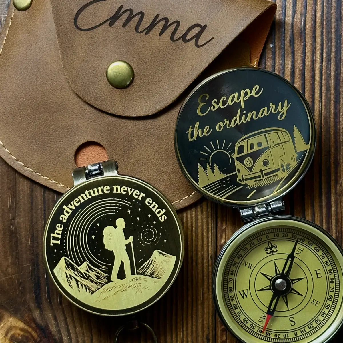 Engraved Retirement Gift Brass Compass for Hiker – Personalized Quote "The Adventure Never Ends", Gift for Dad, Him, Custom Photo Working Keepsake