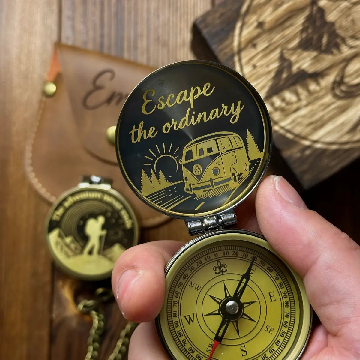 Engraved Retirement Gift Brass Compass for Hiker – Personalized Quote "The Adventure Never Ends", Gift for Dad, Him, Custom Photo Working Keepsake