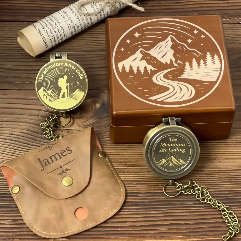 Engraved Retirement Gift Brass Compass for Hiker – Personalized Quote "The Adventure Never Ends", Gift for Dad, Him, Custom Photo Working Keepsake