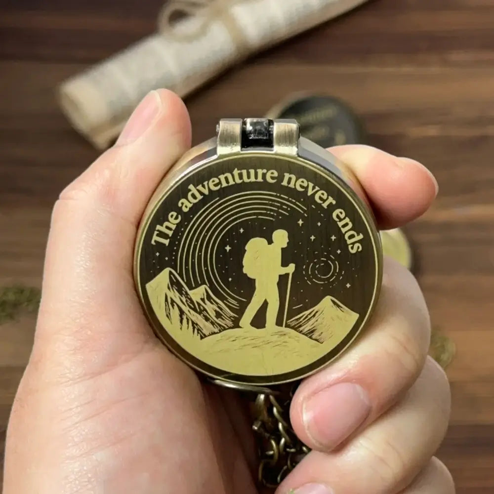 Engraved Retirement Gift Brass Compass for Hiker – Personalized Quote "The Adventure Never Ends", Gift for Dad, Him, Custom Photo Working Keepsake