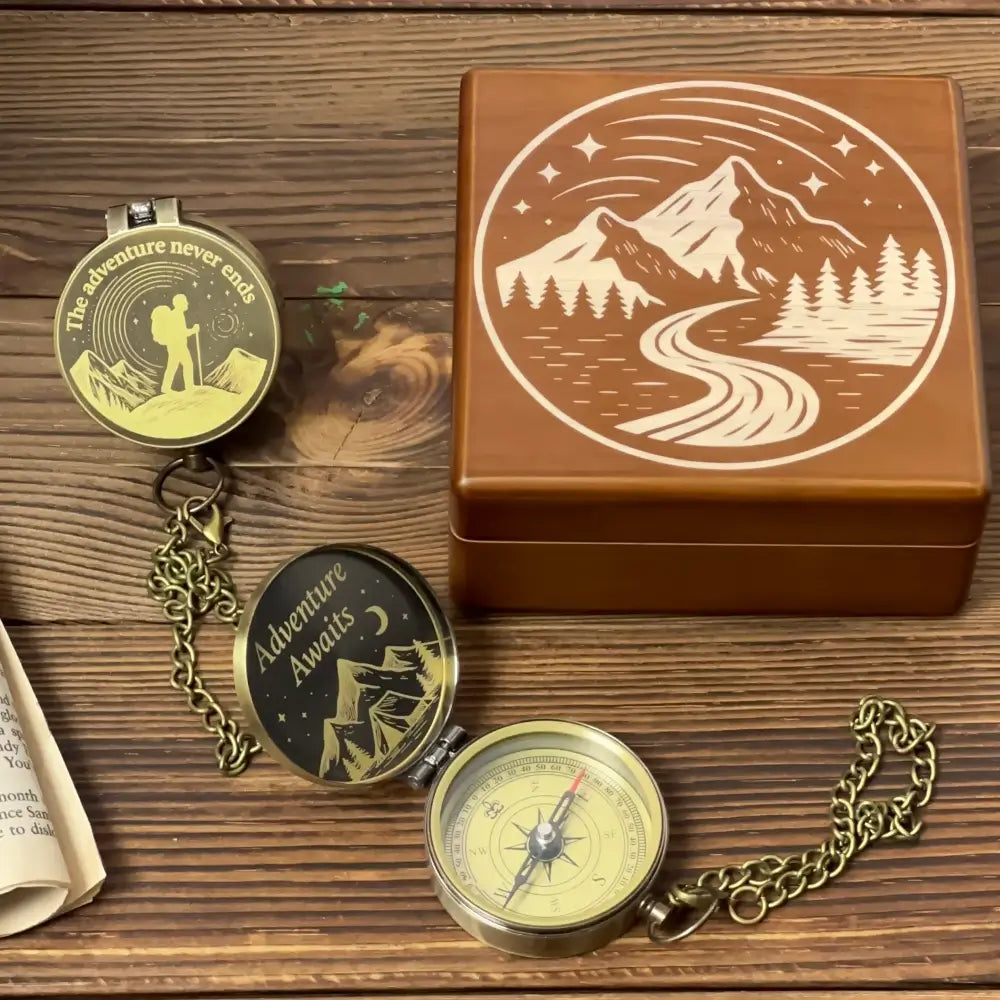Engraved Retirement Gift Brass Compass for Hiker – Personalized Quote "The Adventure Never Ends", Gift for Dad, Him, Custom Photo Working Keepsake