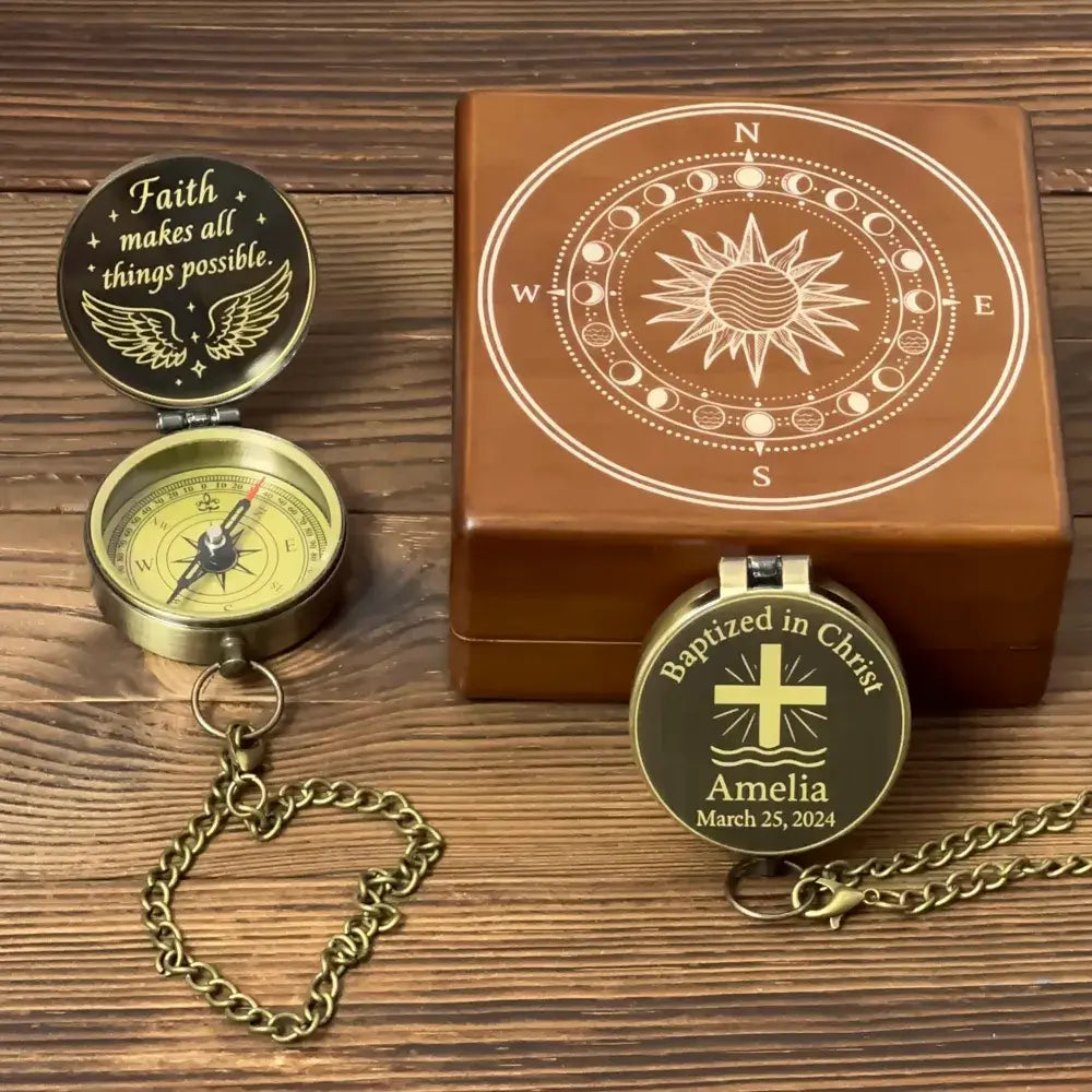 Personalized Baptism Gift Compass with Cross Design – Engraved "Baptized in Christ", Christian Keepsake for Godson, Goddaughter, Boy, Custom Name & Date