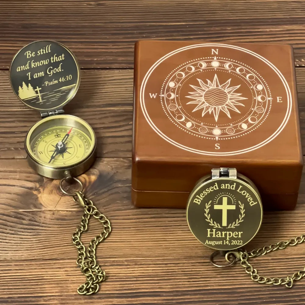 Engraved Christian Compass with Cross Design – "Blessed and Loved", Graduation or Baptism Gift for Son or Godson, Personalized Keepsake with Name