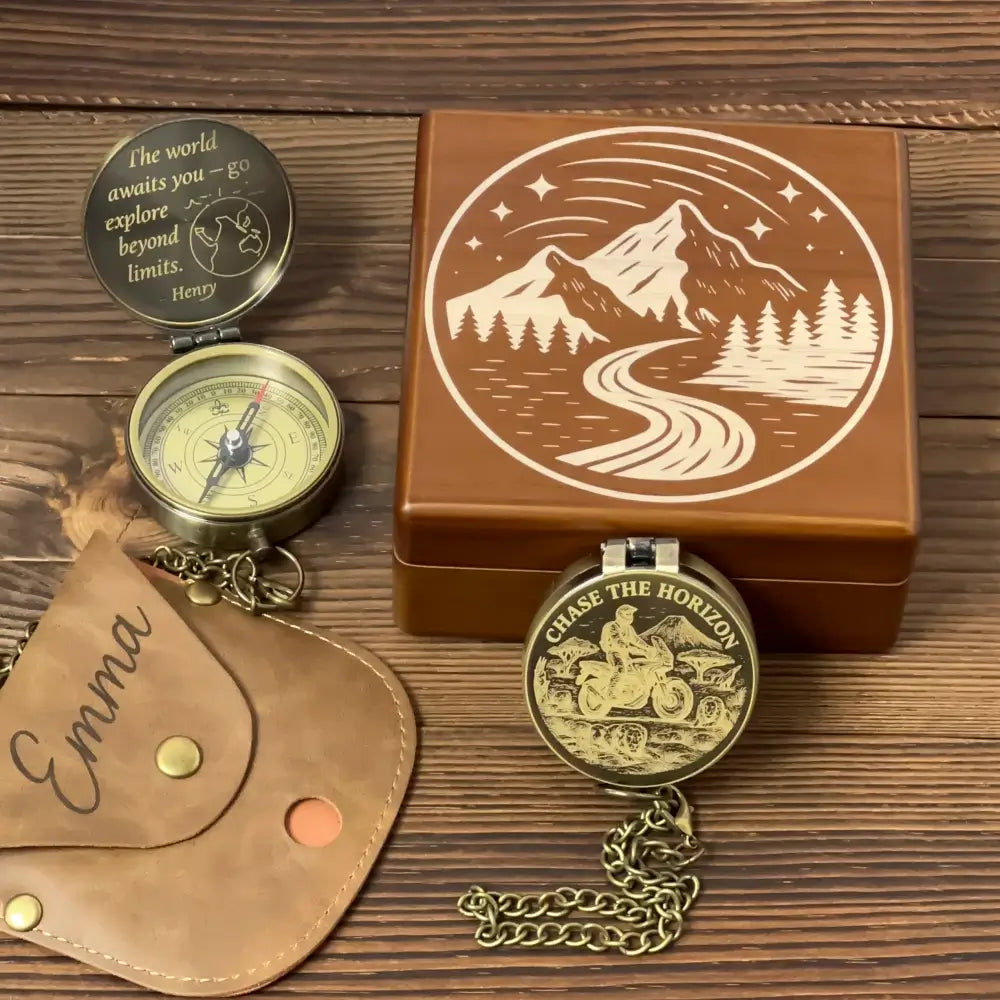 Engraved Adventure Motorcycle Brass Compass – "Chase The Horizon" Traveler Gift for Him, Personalized Keepsake with Custom Photo