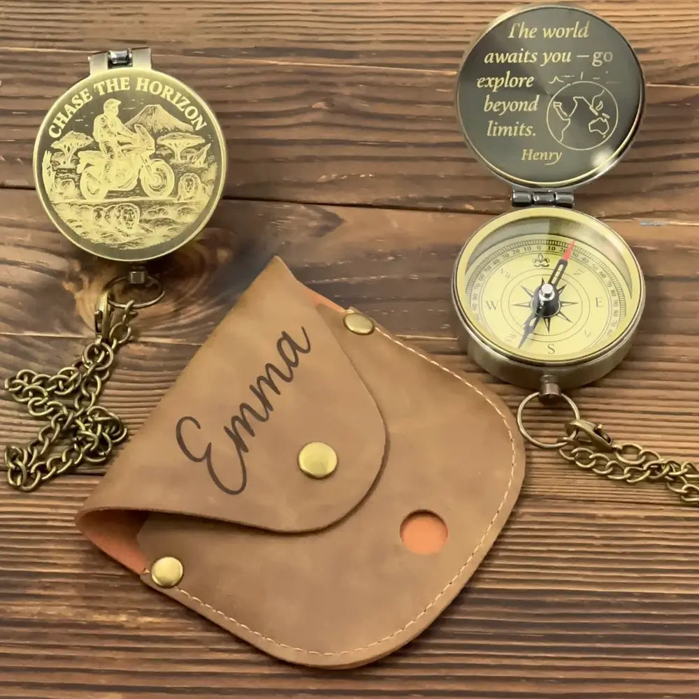 Engraved Adventure Motorcycle Brass Compass – "Chase The Horizon" Traveler Gift for Him, Personalized Keepsake with Custom Photo