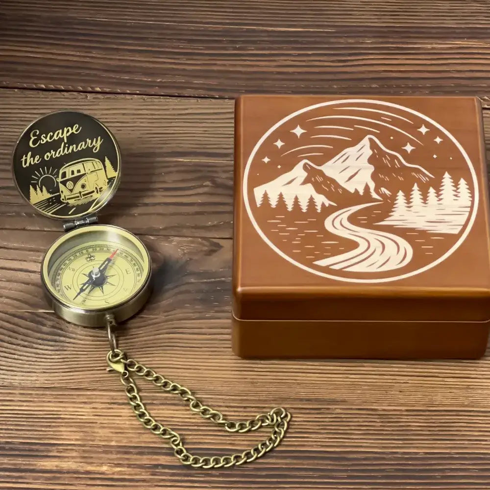 Adventure Gift Engraved Compass "Escape the Ordinary" VW Bus Design – Personalized Traveler Gift for Him, Retirement Keepsake