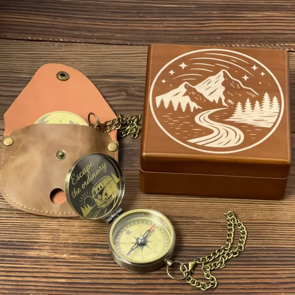 Adventure Gift Engraved Compass "Escape the Ordinary" VW Bus Design – Personalized Traveler Gift for Him, Retirement Keepsake