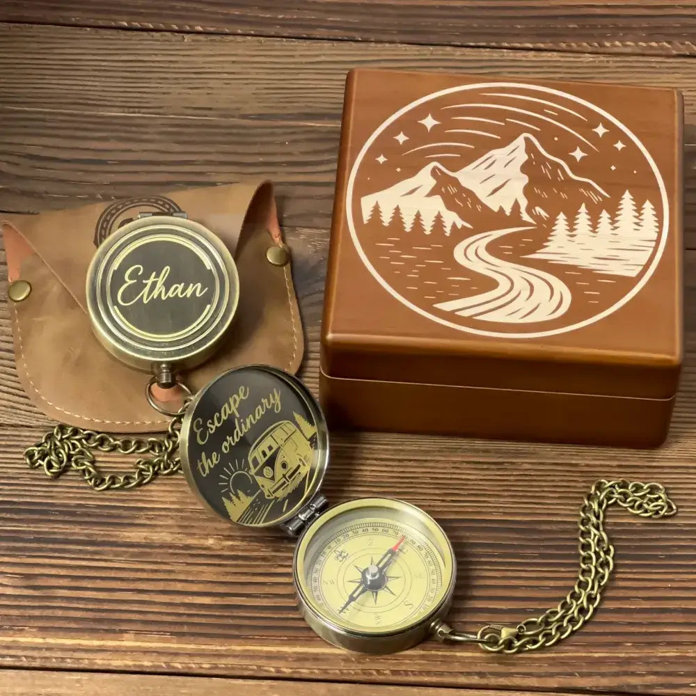 Adventure Gift Engraved Compass "Escape the Ordinary" VW Bus Design – Personalized Traveler Gift for Him, Retirement Keepsake