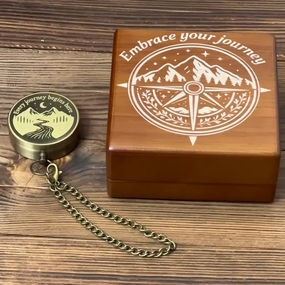 Inspirational Personalized Brass Compass with Mountain River Design – Engraved "Every Journey Begins Here", Unique Graduation or Retirement Gift for Him, Keepsake
