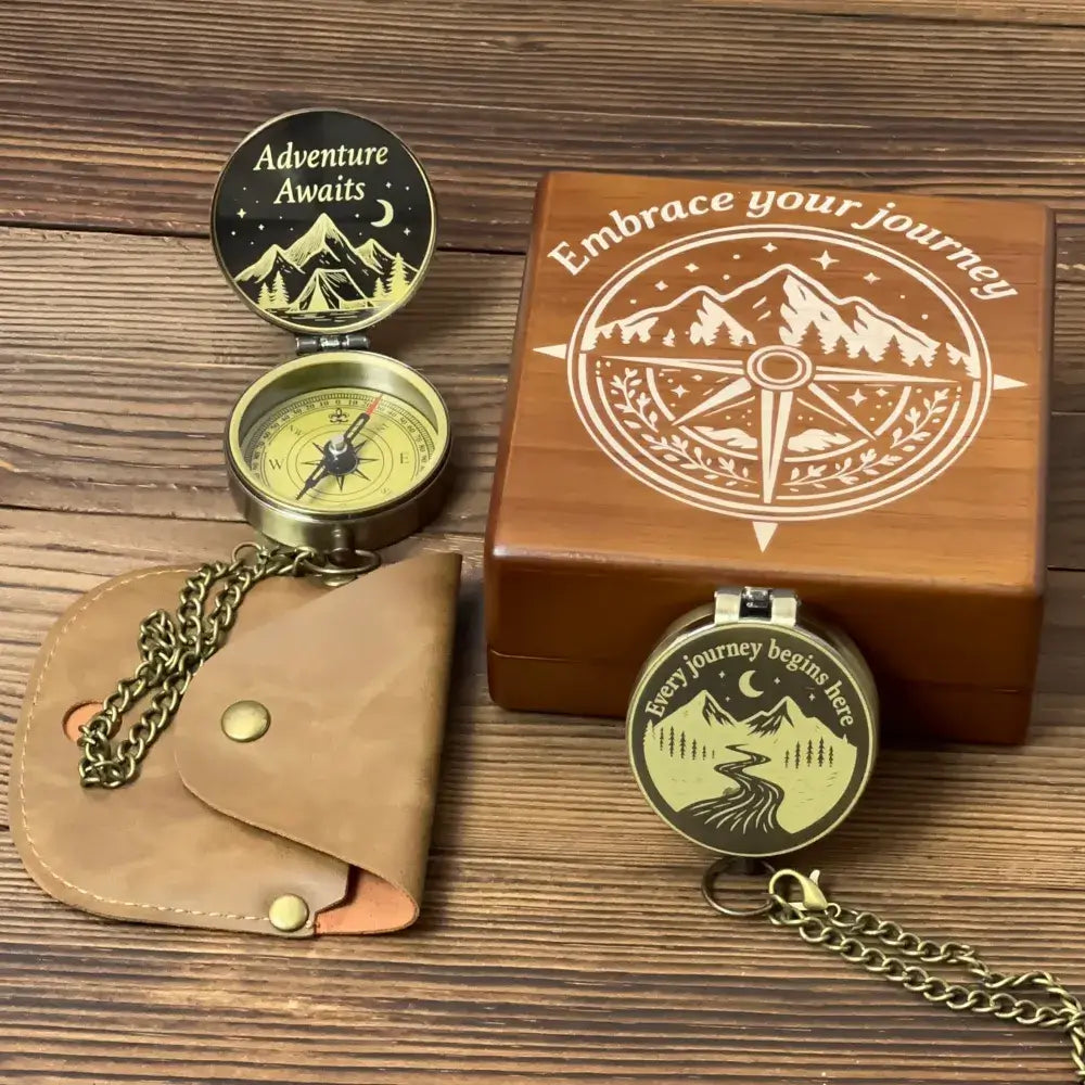 Inspirational Personalized Brass Compass with Mountain River Design – Engraved "Every Journey Begins Here", Unique Graduation or Retirement Gift for Him, Keepsake