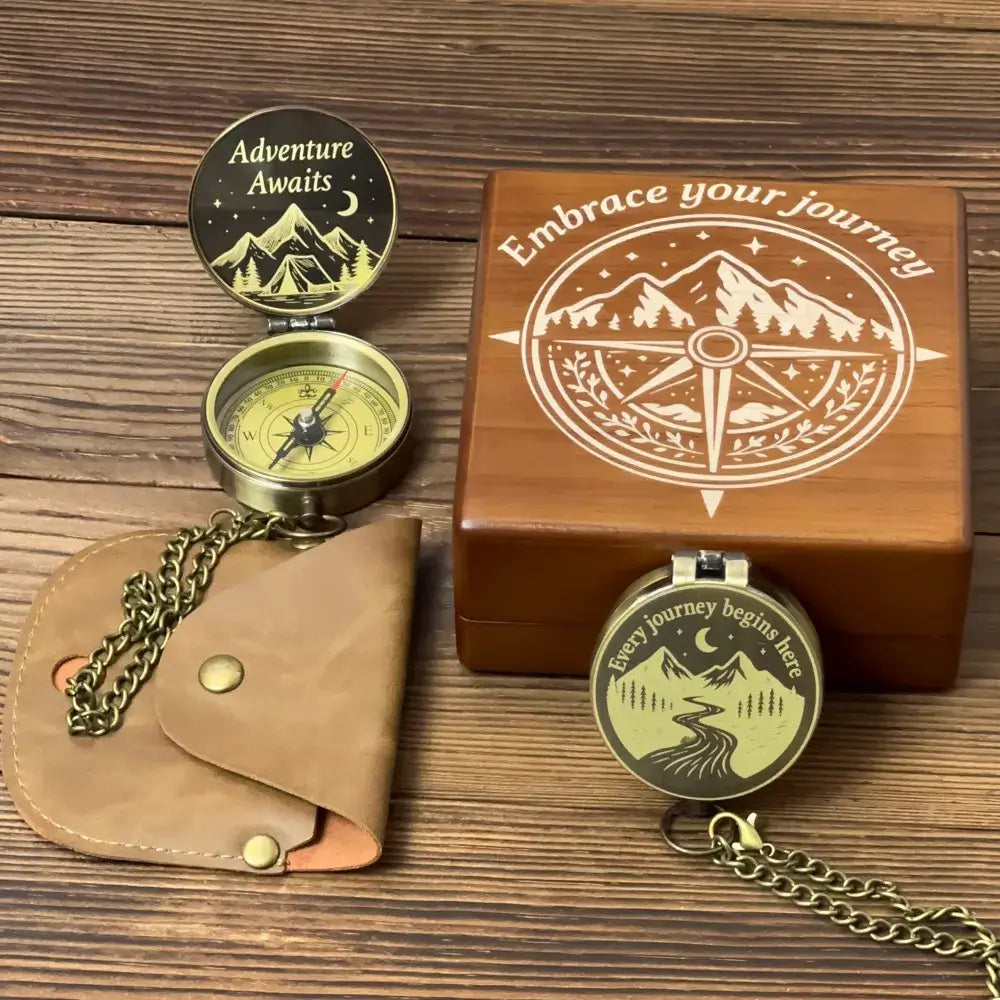 Inspirational Personalized Brass Compass with Mountain River Design – Engraved "Every Journey Begins Here", Unique Graduation or Retirement Gift for Him, Keepsake