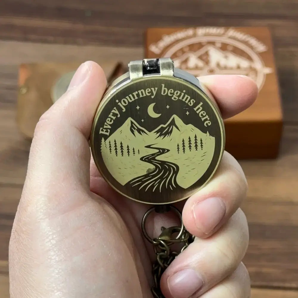 Personalized Brass Compass with Mountain River Design – Engraved "Every Journey Begins Here", Unique Graduation or Retirement Gift for Him, Keepsake