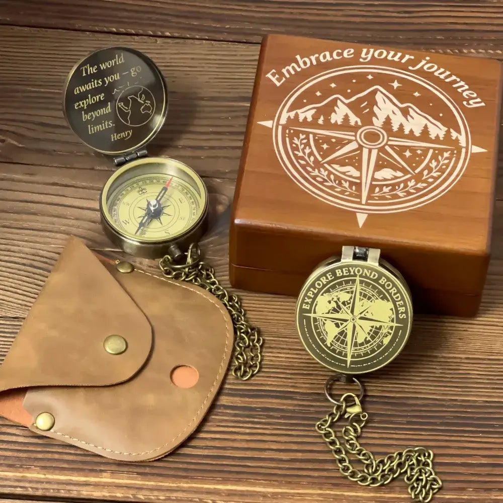 Engraved World Map Brass Compass for Travelers – "Explore Beyond Borders", Personalized Graduation or Retirement Gift for Him, Keepsake