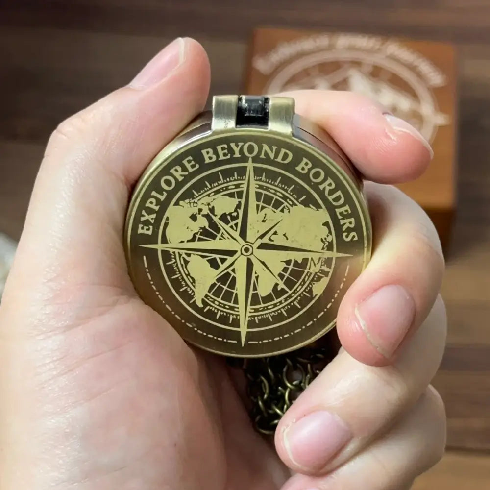 Engraved World Map Brass Compass for Travelers – "Explore Beyond Borders", Personalized Graduation or Retirement Gift for Him, Keepsake