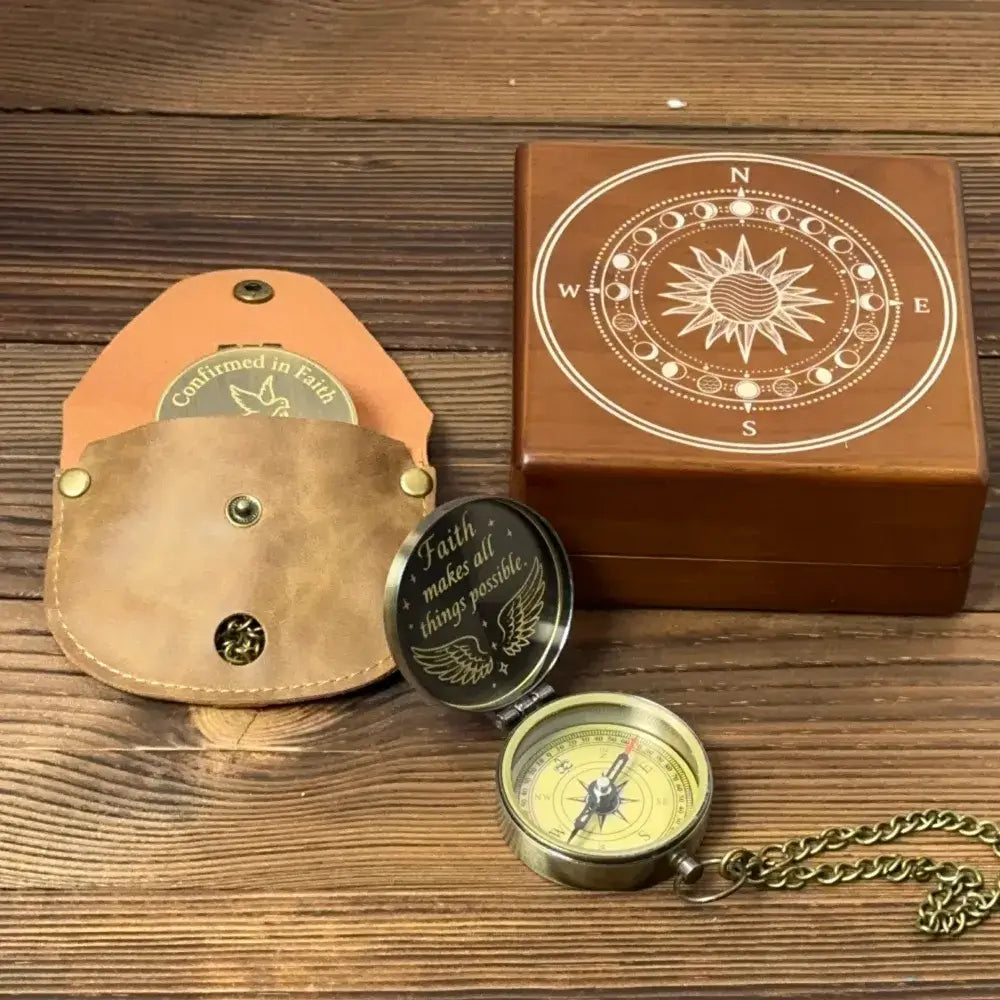 Christian Gift Personalized Compass Engraved "Faith Makes All Things Possible" – Wings Design, Inspirational Keepsake for Baptism, Confirmation