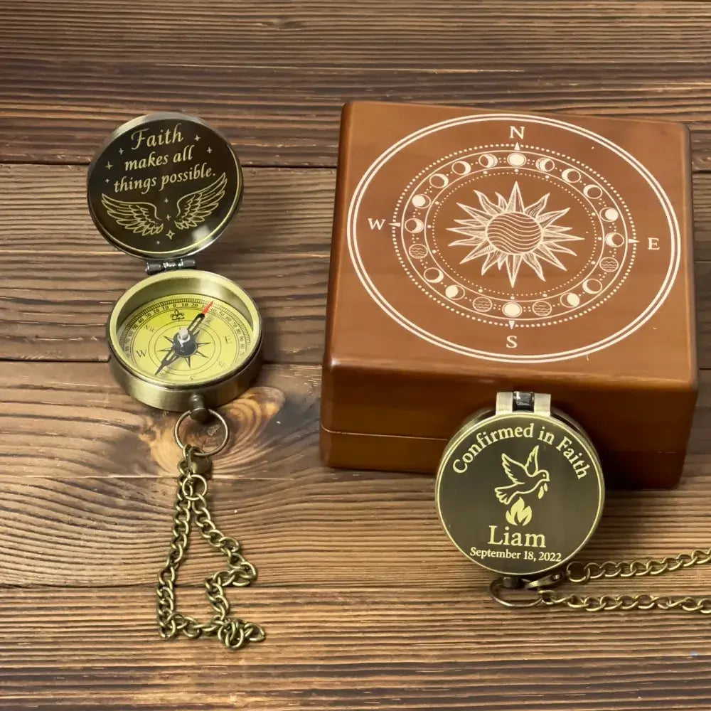 Christian Gift Personalized Compass Engraved "Faith Makes All Things Possible" – Wings Design, Inspirational Keepsake for Baptism, Confirmation