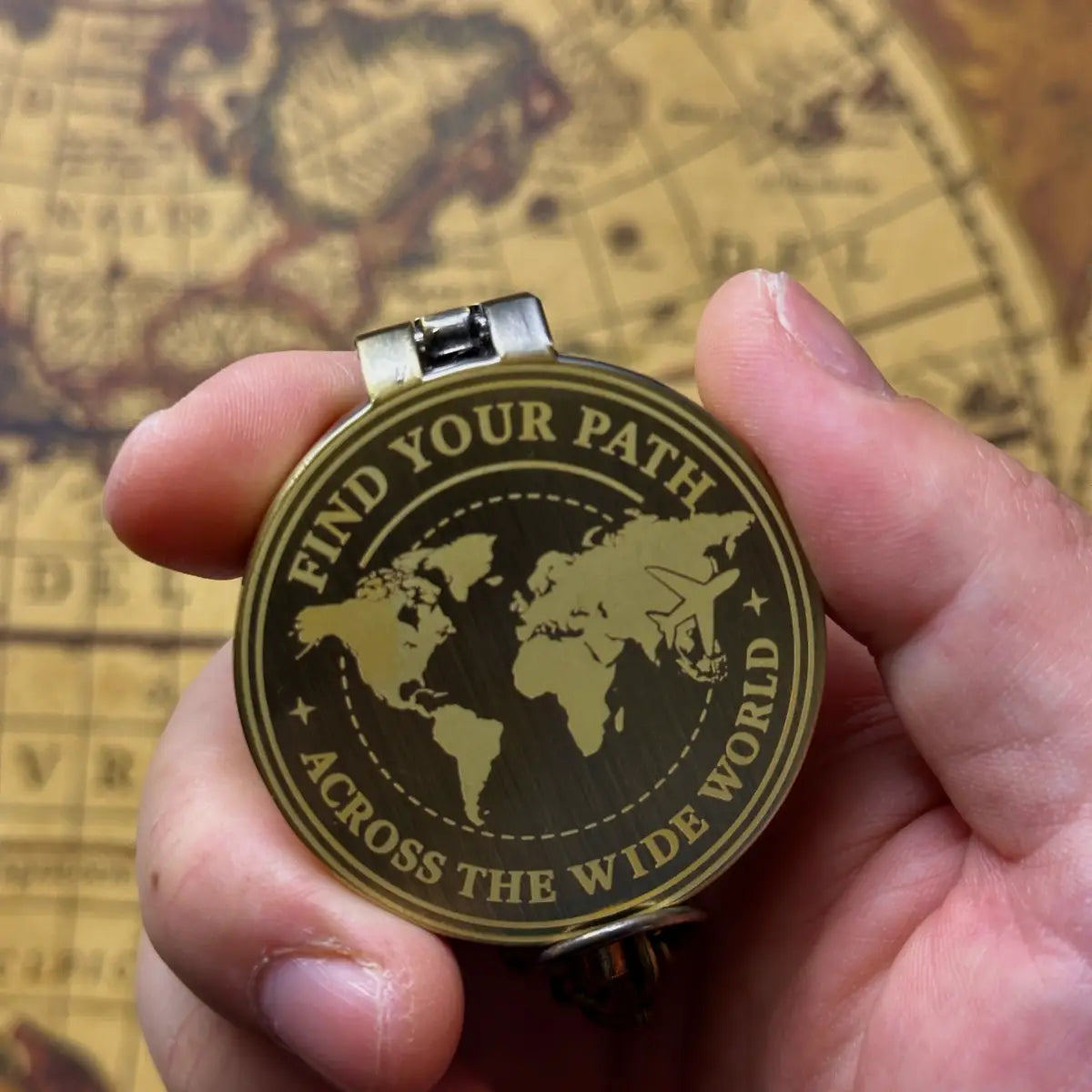 World Map Engraved Compass "Find Your Path" | Graduation Gift for Son, Him | Traveler Gift | Personalized Custom Quote | Brass Working Compass