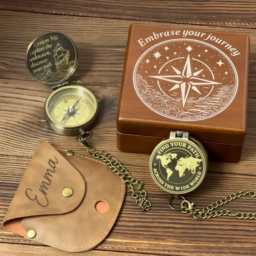 Graduation Gift Personalized Brass Compass with World Map – Engraved "Find Your Path", Unique Traveler Gift for Son or Him, Custom Quote Keepsake