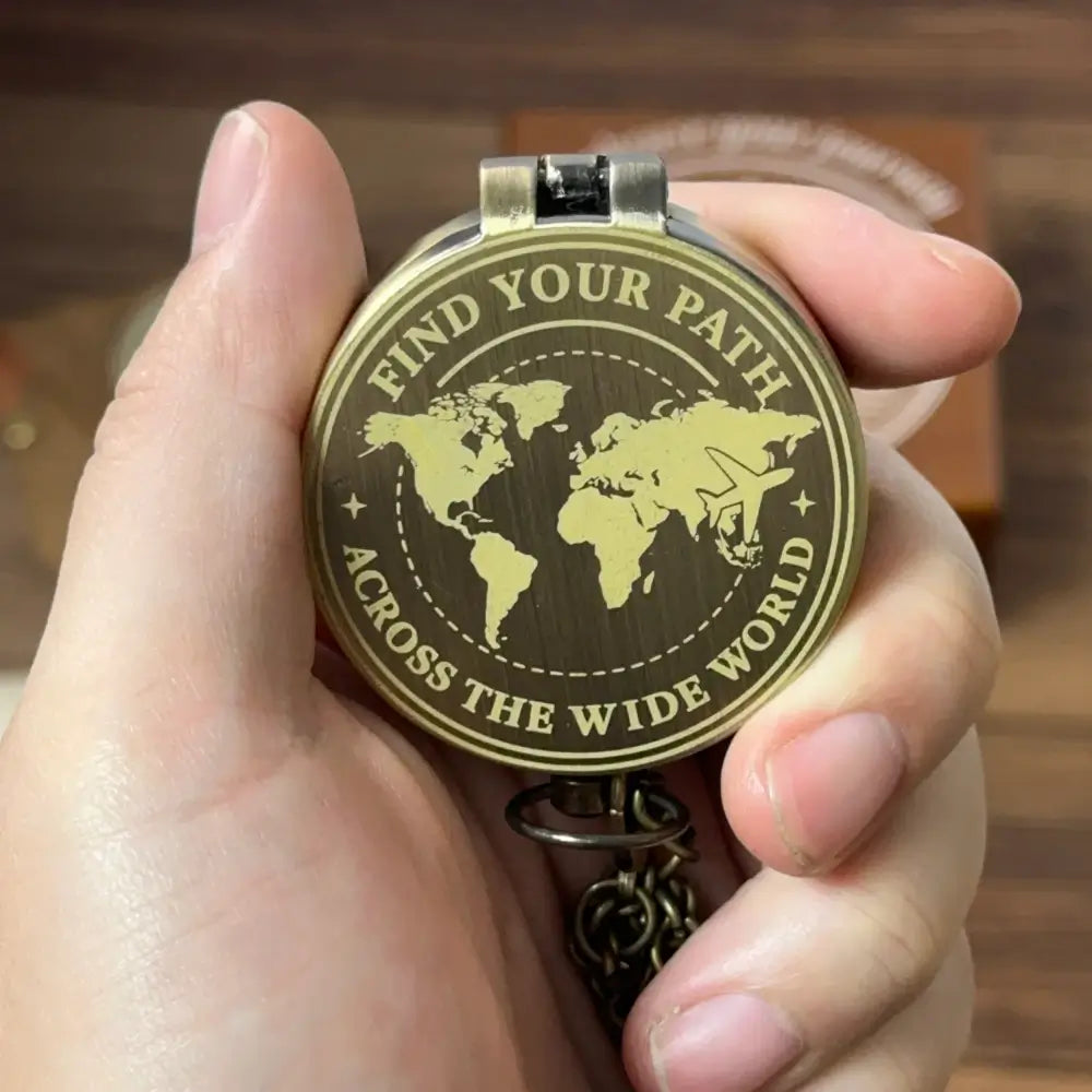 Graduation Gift Personalized Brass Compass with World Map – Engraved "Find Your Path", Unique Traveler Gift for Son or Him, Custom Quote Keepsake
