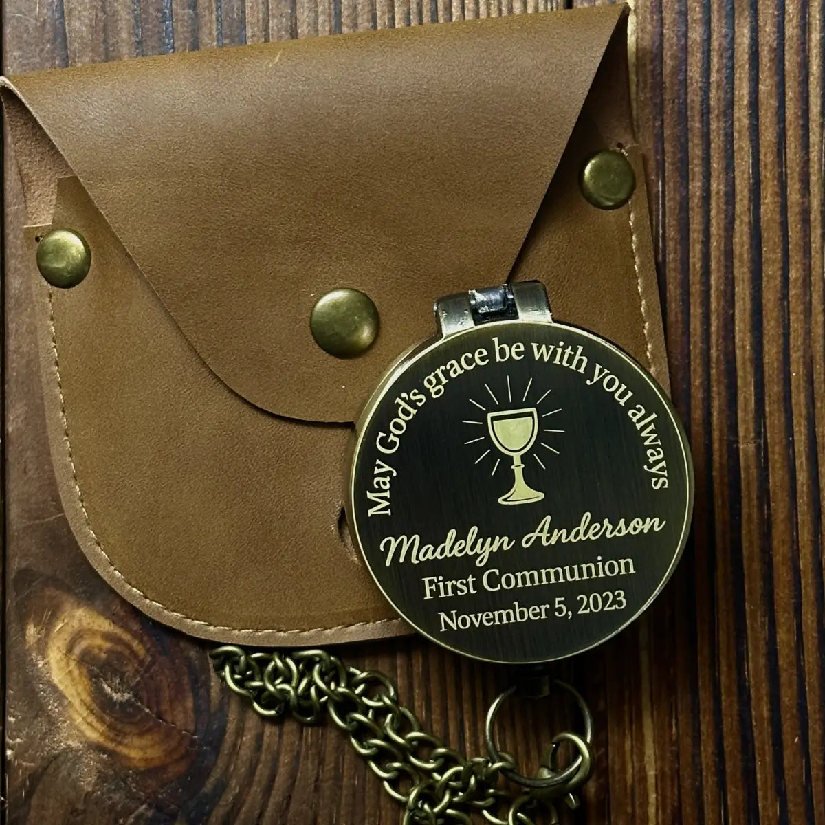 Engraved First Communion Gift Compass with Chalice Design – "May God's Grace", Personalized Catholic Keepsake for Goddaughter or Godson, Name & Date