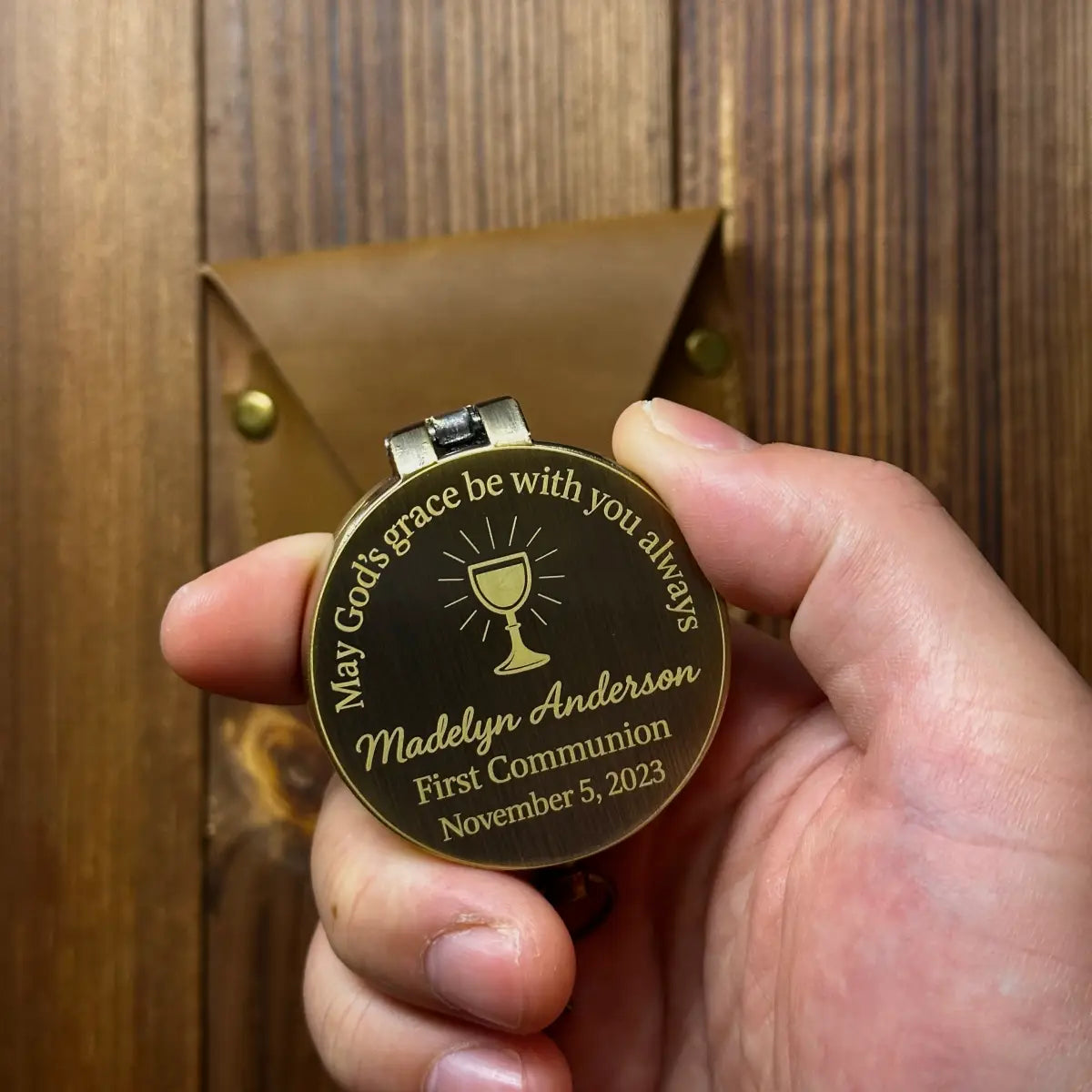 Engraved First Communion Gift Compass with Chalice Design – "May God's Grace", Personalized Catholic Keepsake for Goddaughter or Godson, Name & Date