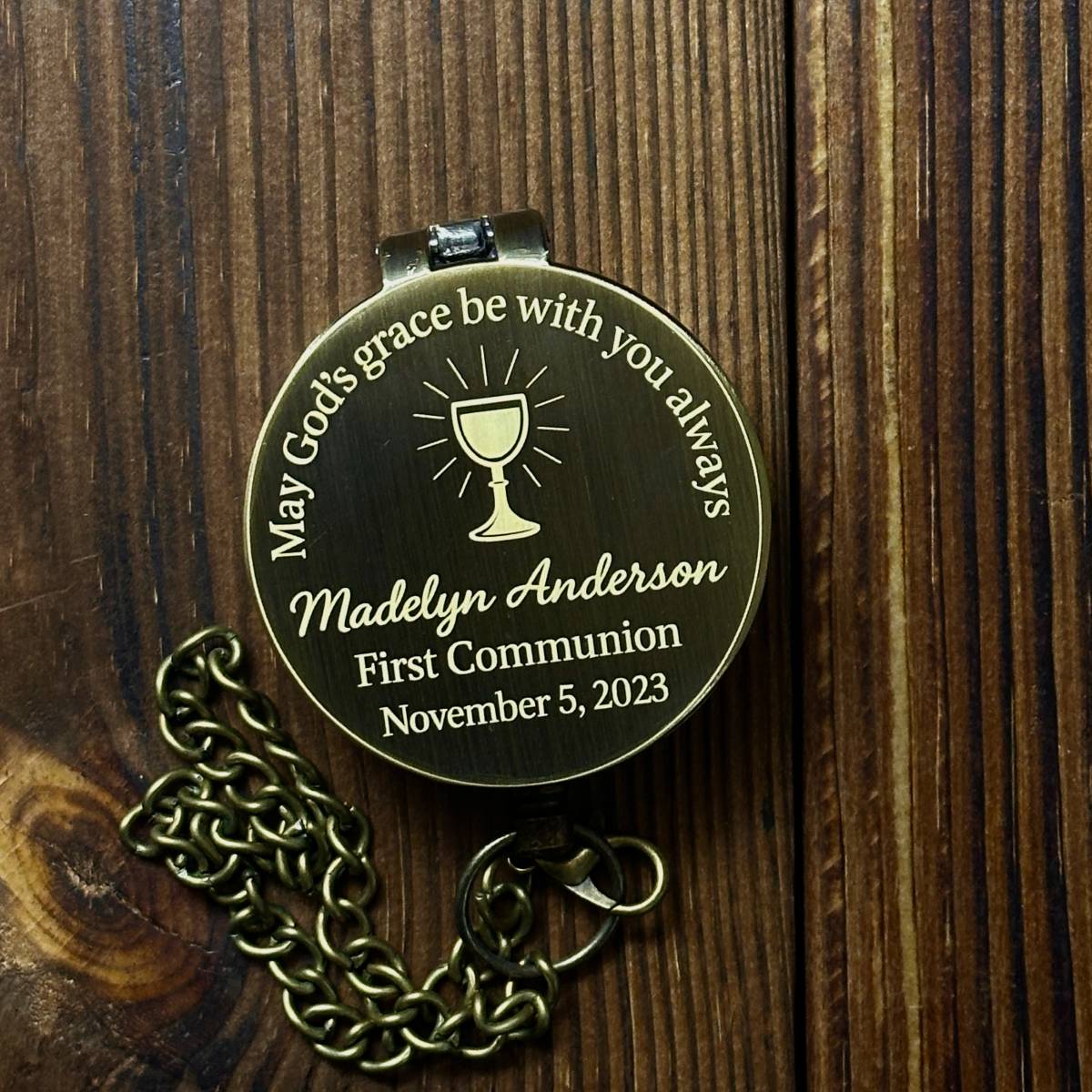 First Communion Gift Engraved Compass | "May God's Grace" | Personalized for Goddaughter, Godson | Catholic Gift | Brass Working Compass