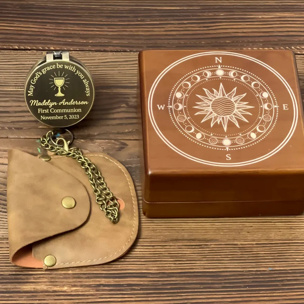 Engraved First Communion Gift Compass with Chalice Design – "May God's Grace", Personalized Catholic Keepsake for Goddaughter or Godson, Name & Date