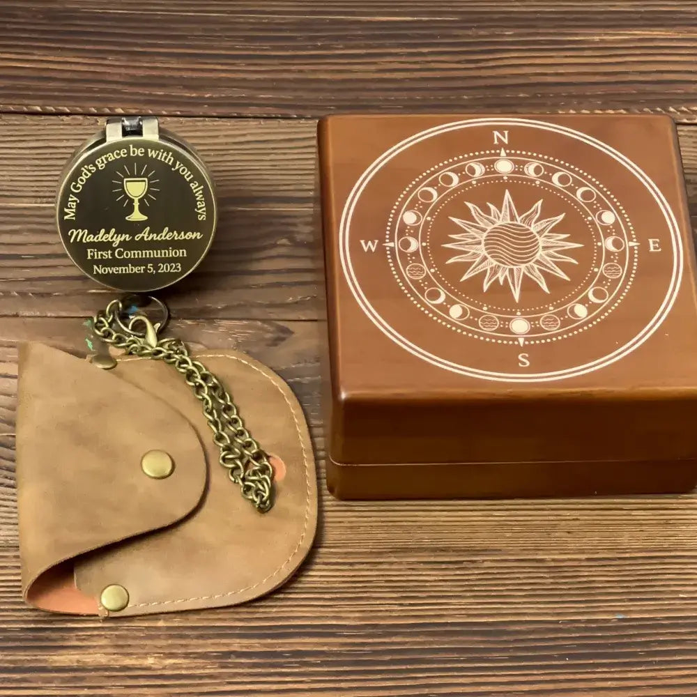 Engraved First Communion Gift Compass with Chalice Design – "May God's Grace", Personalized Catholic Keepsake for Goddaughter or Godson, Name & Date