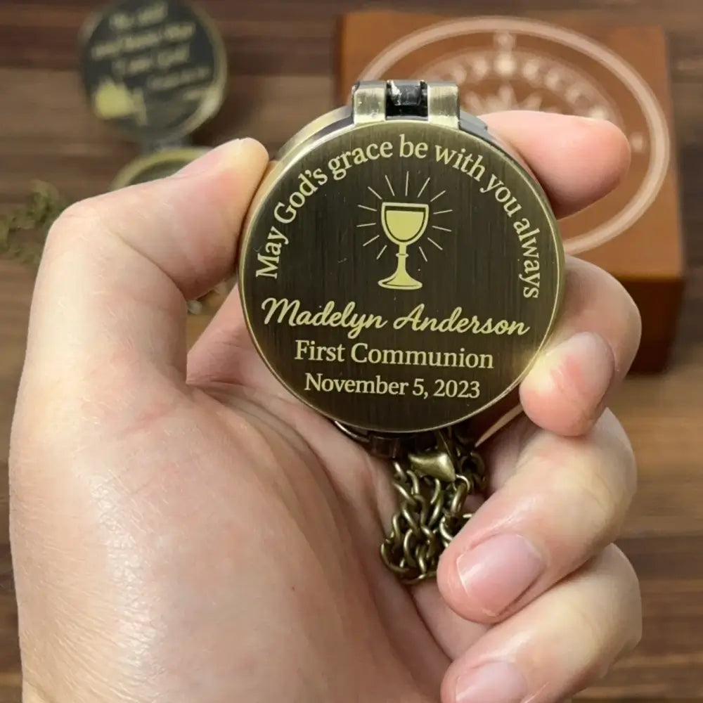 Engraved First Communion Gift Compass with Chalice Design – "May God's Grace", Personalized Catholic Keepsake for Goddaughter or Godson, Name & Date