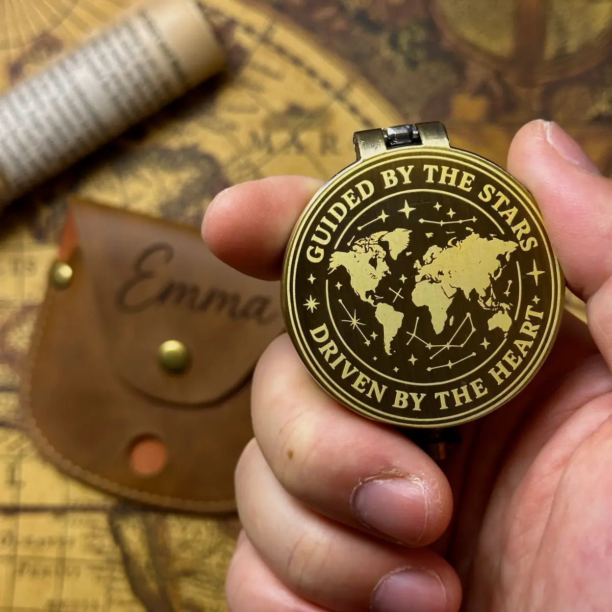 Romantic Engraved Compass "Guided By The Stars, Driven By The Heart" | Anniversary Gift for Husband, Him | Personalized | Brass Working Compass