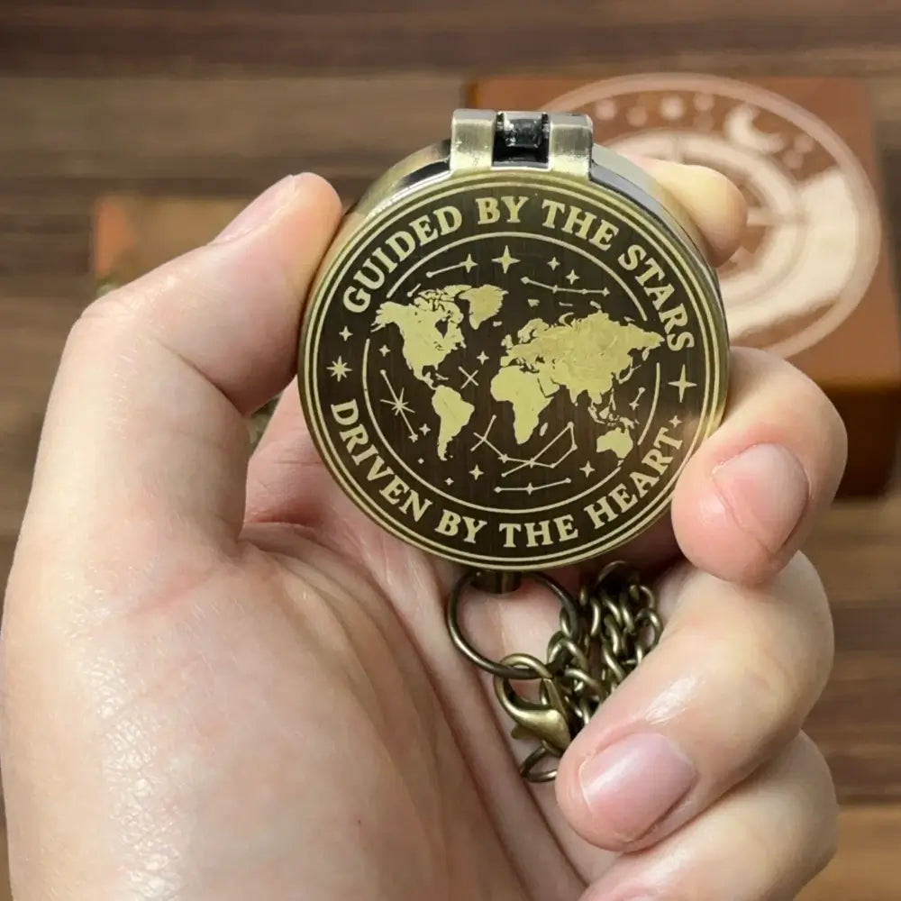 Personalized Romantic Brass Compass with Star Map Design – Engraved Quote "Guided By Stars, Driven By Heart", Anniversary Gift for Husband, Keepsake