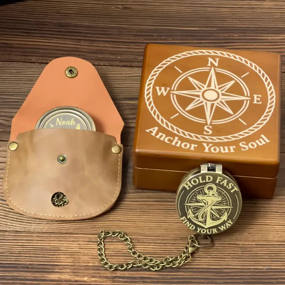 Personalized Navy Gift Brass Compass with Anchor Design – Engraved Quote "Hold Fast Find Your Way", Sailor Gift for Him, Graduation Keepsake