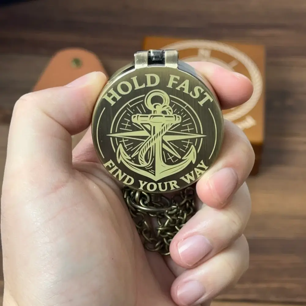 Personalized Navy Gift Brass Compass with Anchor Design – Engraved Quote "Hold Fast Find Your Way", Sailor Gift for Him, Graduation Keepsake