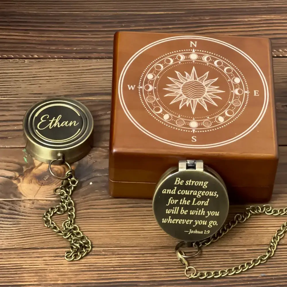 Christian Engraved Compass with Bible Verse Joshua 1:9 – "Be Strong and Courageous", Graduation Gift for Son, Personalized Faith Keepsake with Handwriting