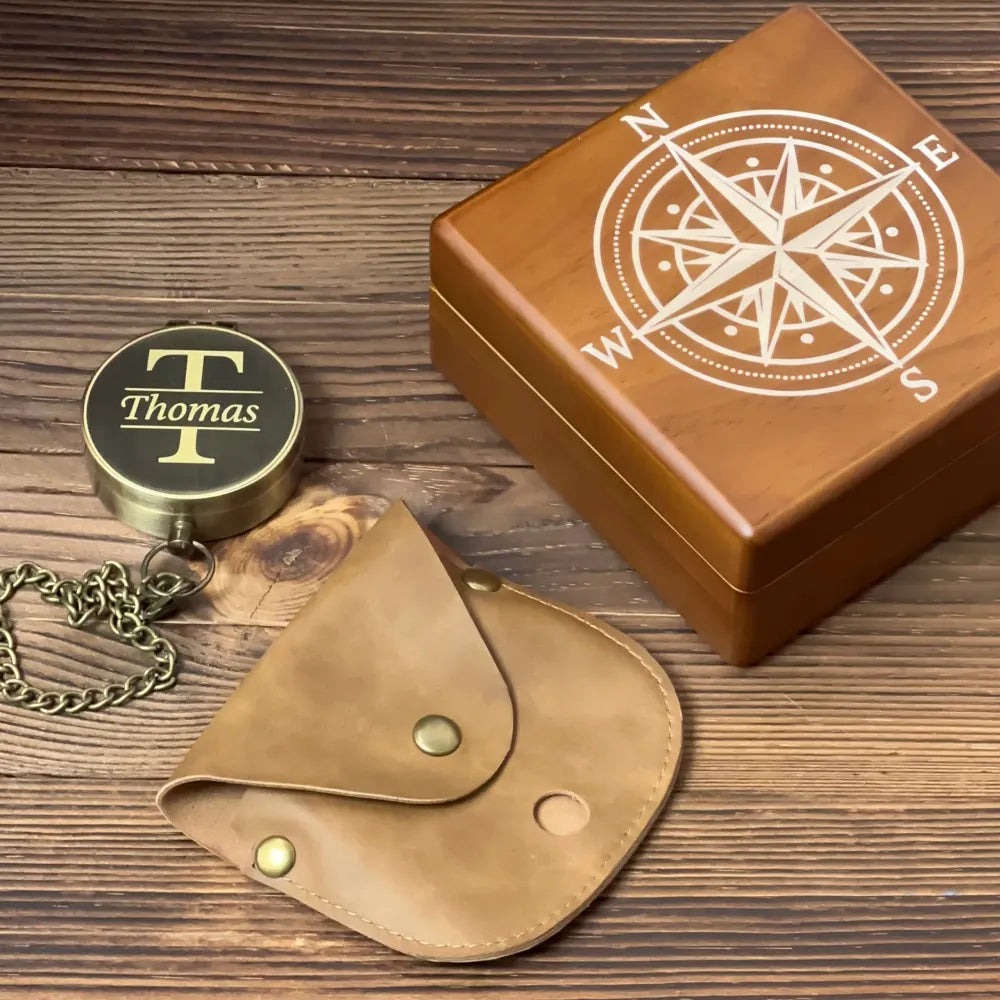 Engraved Brass Compass Gift for Husband or Son – Custom Monogram Name Compass – Personalized Keepsake for Men