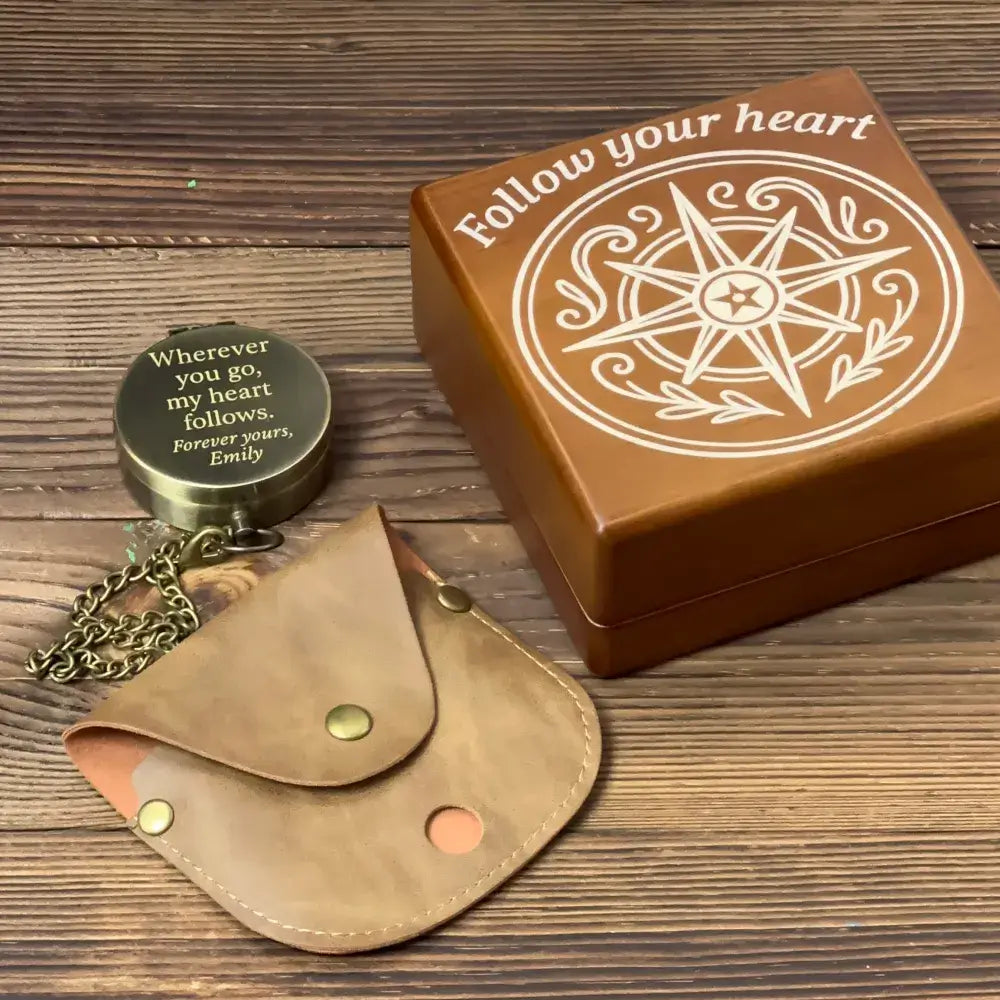 Romantic Engraved Compass for Anniversary – Personalized Quote "My Heart Follows", Valentine's Day Gift for Him or Husband, Custom Handwriting Keepsake