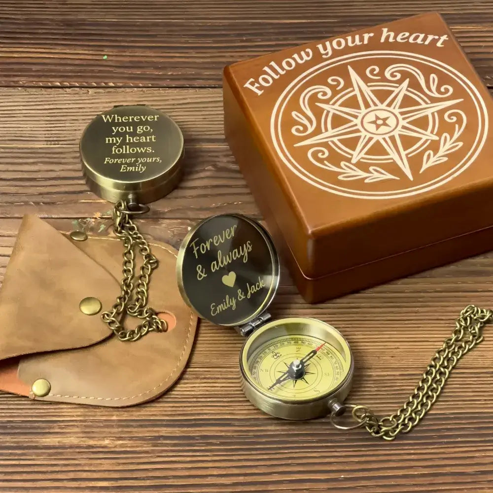 Romantic Engraved Compass for Anniversary – Personalized Quote "My Heart Follows", Valentine's Day Gift for Him or Husband, Custom Handwriting Keepsake
