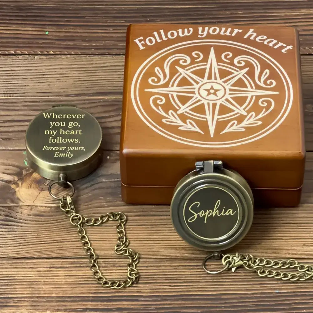 Romantic Engraved Compass for Anniversary – Personalized Quote "My Heart Follows", Valentine's Day Gift for Him or Husband, Custom Handwriting Keepsake
