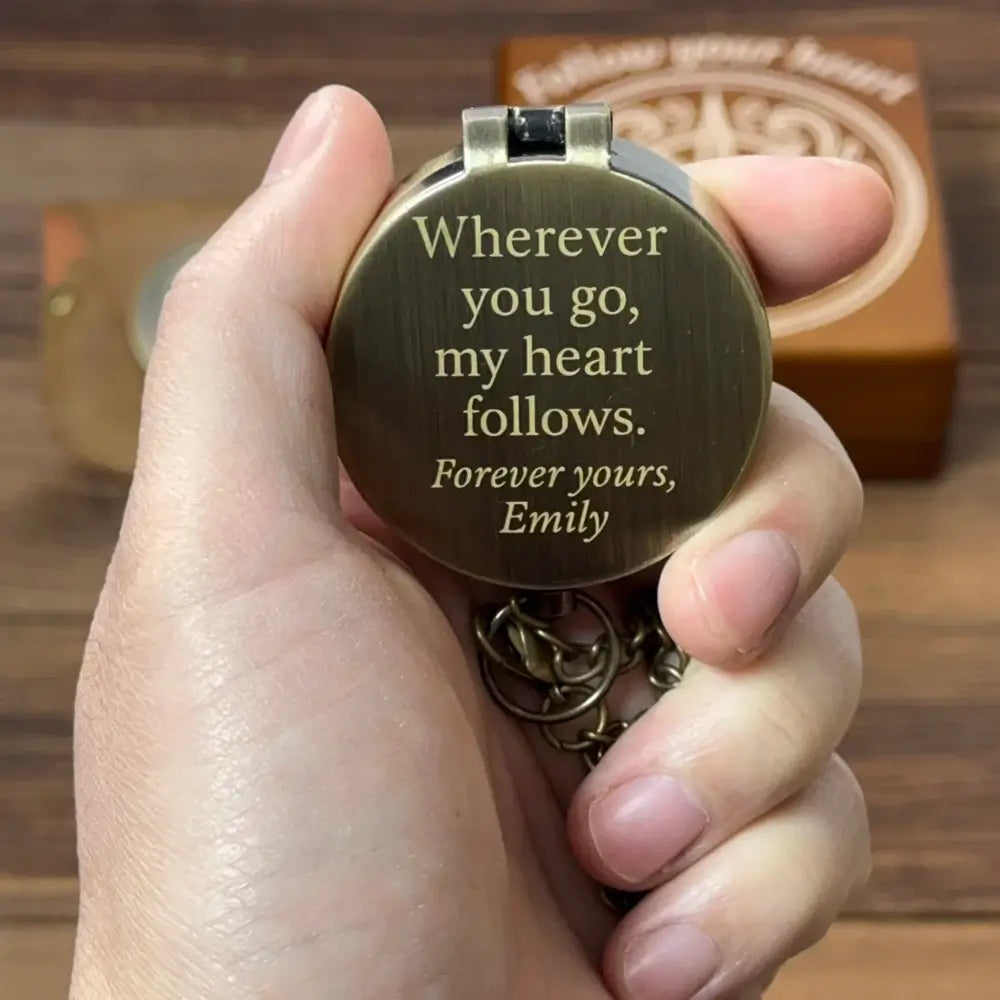 Romantic Engraved Compass for Anniversary – Personalized Quote "My Heart Follows", Valentine's Day Gift for Him or Husband, Custom Handwriting Keepsake