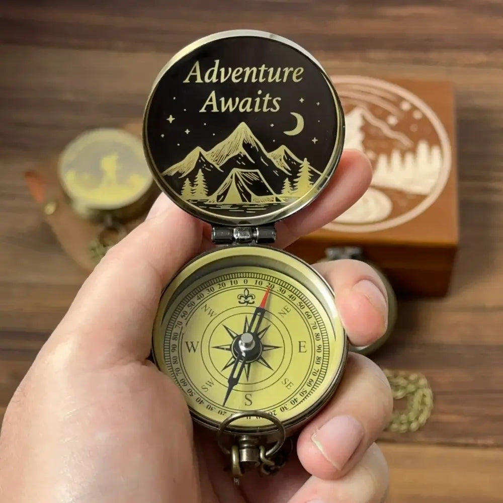 Engraved Brass Compass Gift for Men – Personalized Mountain & Moon Design for Husband or Dad