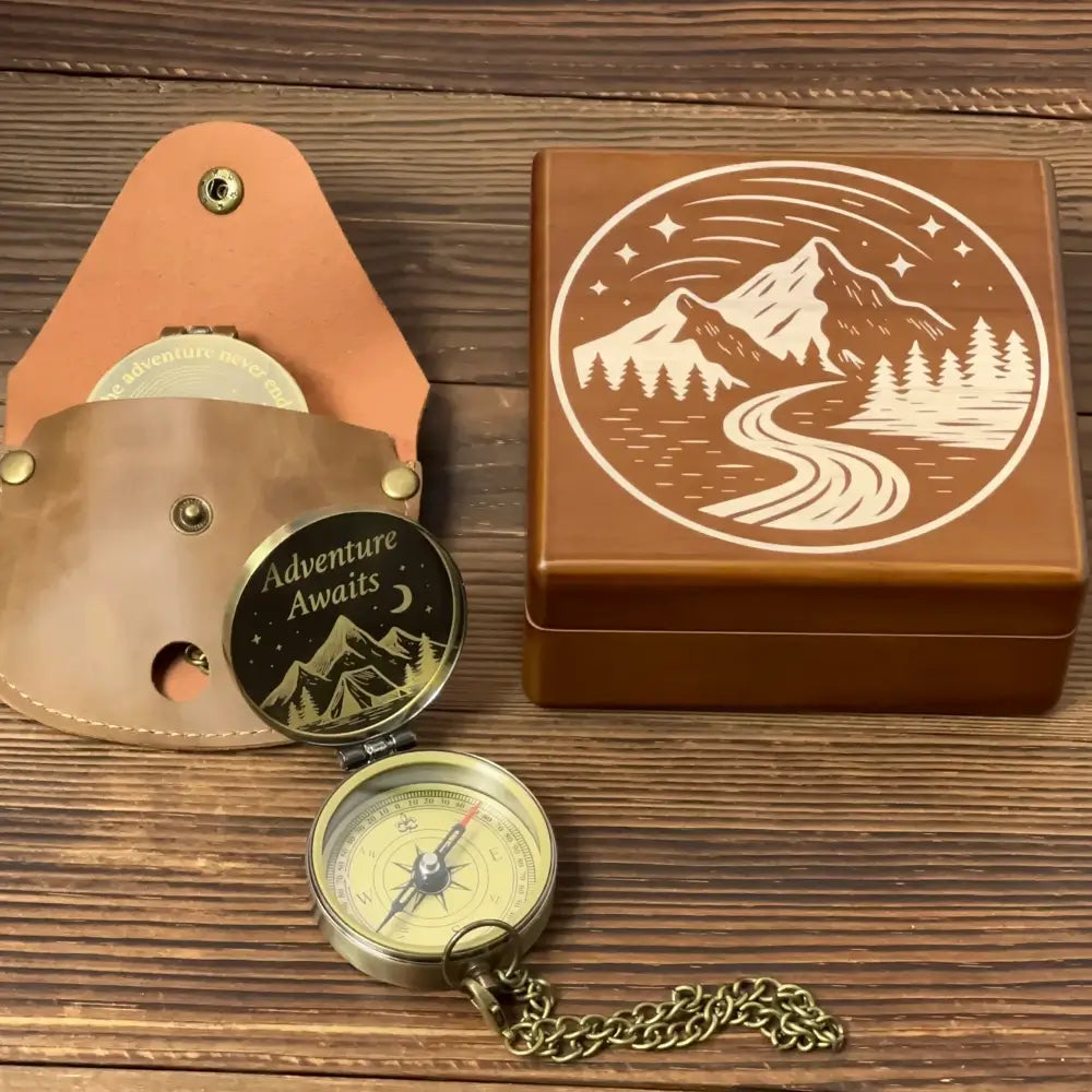 Graduation Gift Personalized Brass Compass Engraved "Adventure Awaits" – Mountain Design, Retirement Gift for Him, Hiker Keepsake