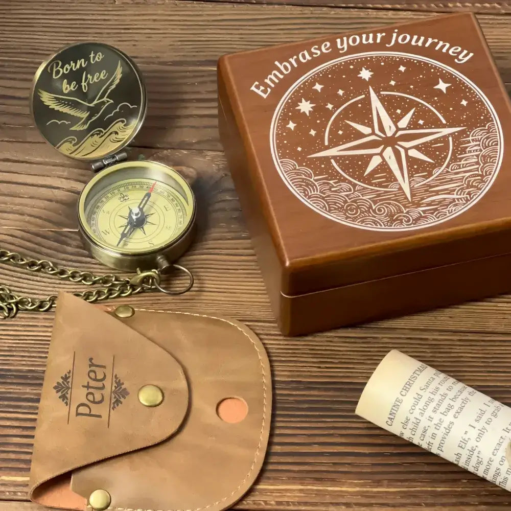 Inspirational Gift Personalized Compass Engraved "Born To Be Free" – Bird Design, Graduation or Retirement Gift for Adventurer, Him