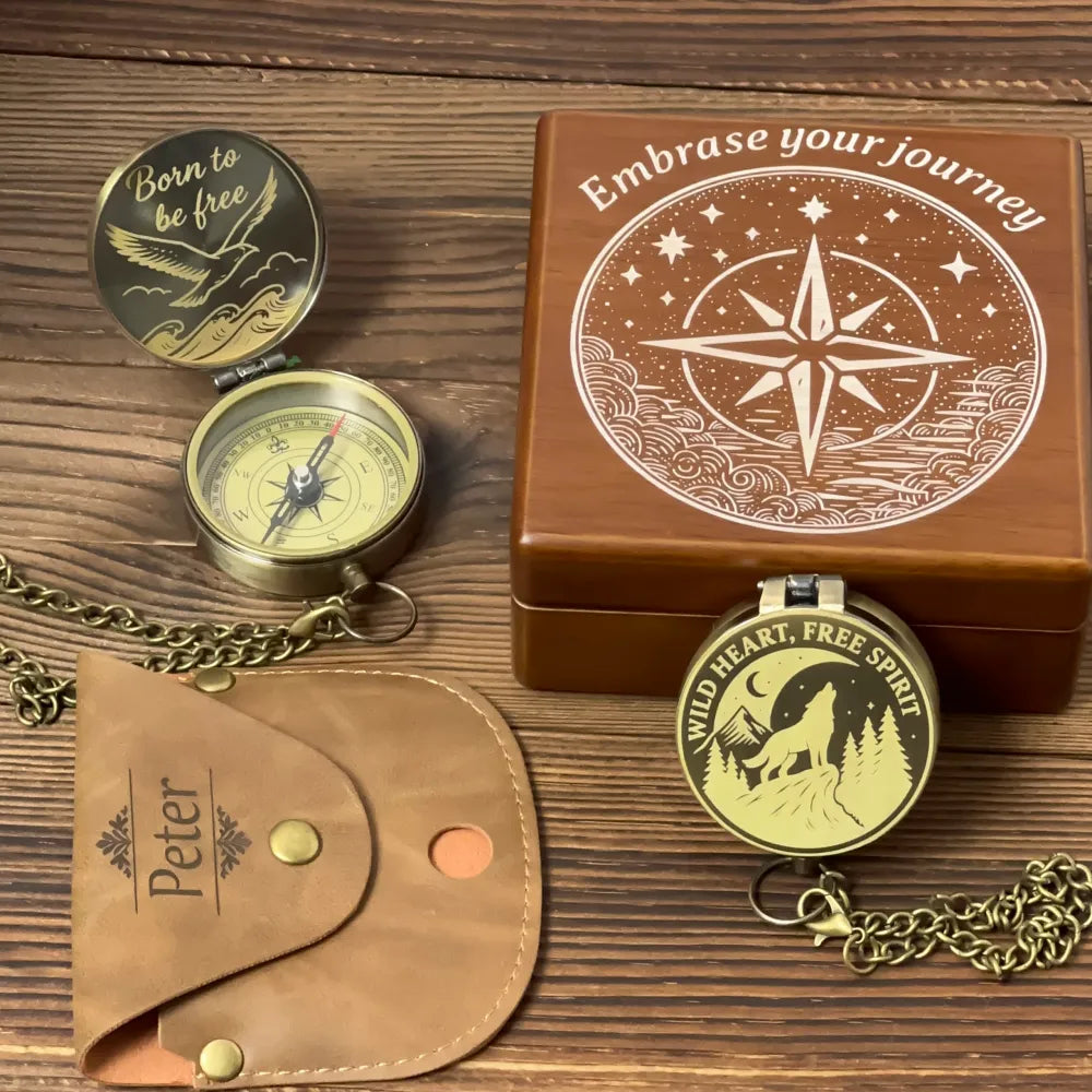 Inspirational Gift Personalized Compass Engraved "Born To Be Free" – Bird Design, Graduation or Retirement Gift for Adventurer, Him