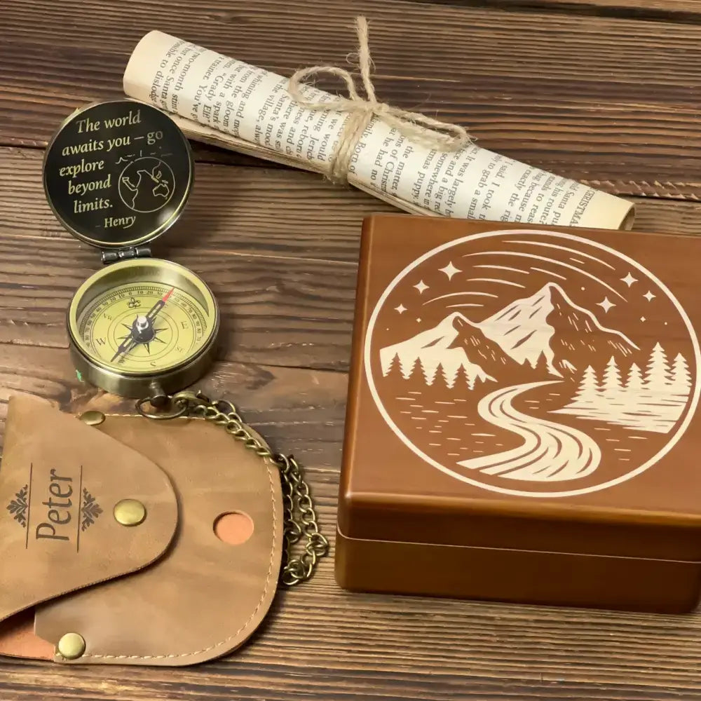 Graduation Gift Engraved Brass Compass with Inspirational Quote – "The World Awaits You", Personalized Traveler Gift for Son, Him, Adventure Keepsake