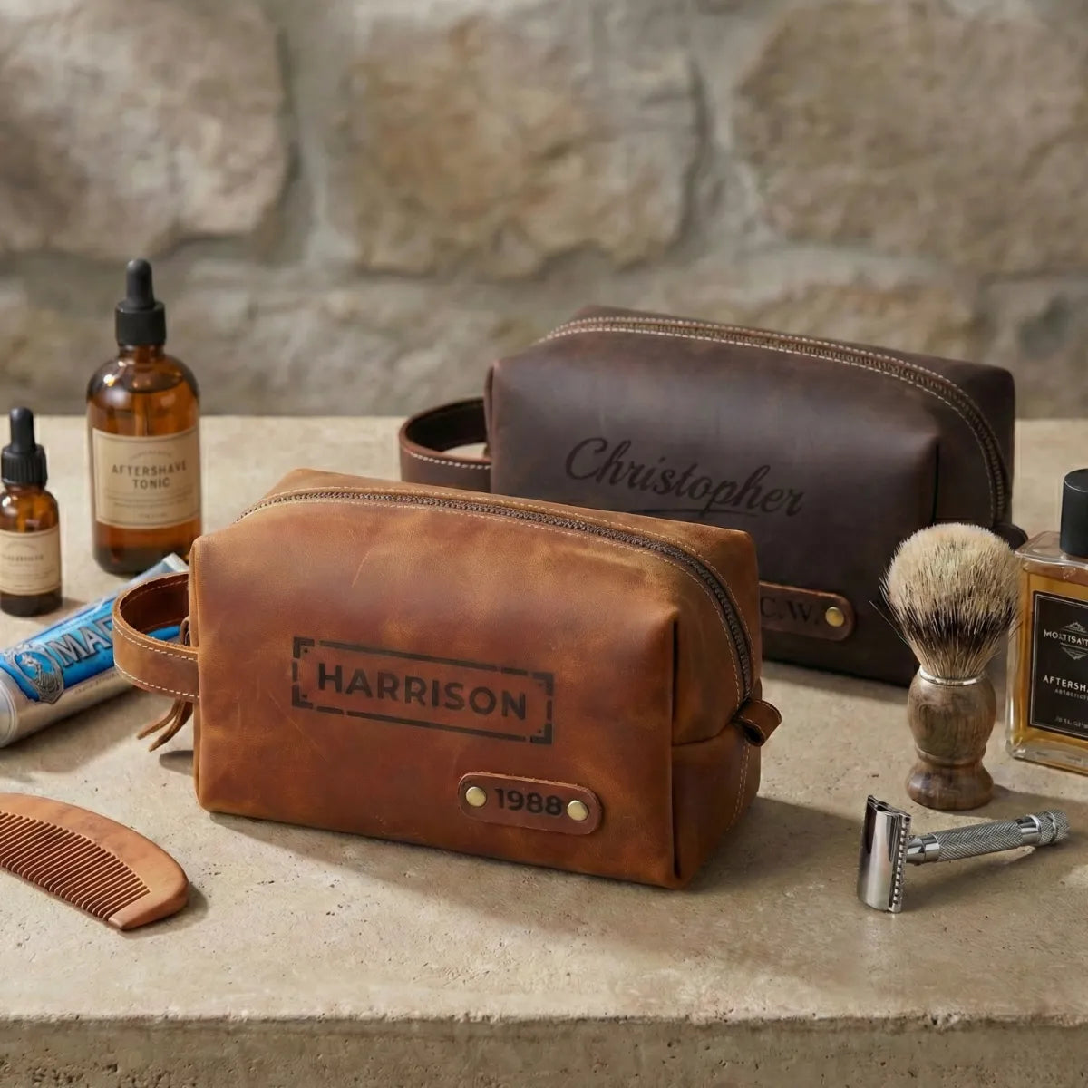 Personalized Toiletry Bag for Men – Genuine Leather Monogrammed Dopp Kit – Custom Travel Organizer & Gift for Him